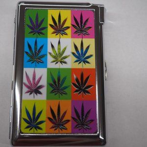 Pop Art Pot Leaf Cigarette Case With Built In Butane Lighter